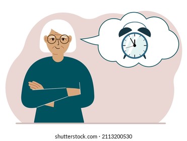 Happy grandmother with thought balloon with alarm clock. Time management, planning, organization of working time, effective business, deadline. Vector flat illustration