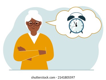 Happy grandmother with thought balloon with alarm clock. Time management, planning, organization of working time, effective business, deadline. Vector flat illustration