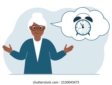 Happy grandmother with thought balloon with alarm clock. Time management, planning, organization of working time, effective business, deadline. Vector flat illustration