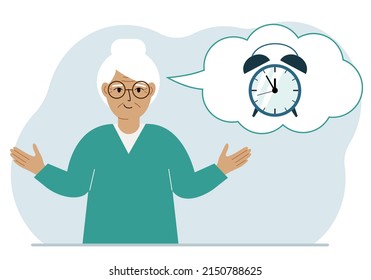 Happy grandmother with thought balloon with alarm clock. Time management, planning, organization of working time, effective business, deadline. Vector flat illustration
