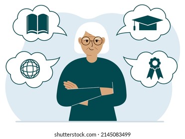 Happy grandmother with thoughts about learning. Internet profession, higher education, stock exchange, financial literacy. Various icons about education. Vector flat illustration