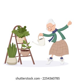 Happy grandmother with watering can and home plants in the minimalistic pot on the wooden ladder. Home decor and gardening concept. Cute isolated vector illustration for product design and decoration