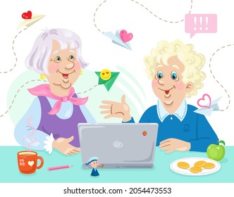 Happy grandmothers at the laptop screen. Online communication. In cartoon style. Isolated on white background. Vector illustration. 