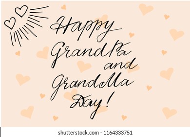 Happy Grandpa and Grandma Day text as celebration badge, tag, icon. Festivity pink background with hearts. Lettering typography poster. Vector illustration on textured background.