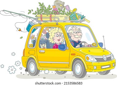 Happy Grandpa And Grandma With A Funny Cat, Household Things And Seedlings Driving In Their Car To The Country On Summer Vacation, Vector Cartoon Illustration On White