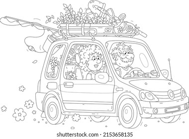 Happy Grandpa And Grandma With A Funny Cat, Household Things And Seedlings Driving In Their Car To The Country On Summer Vacation, Black And White Vector Cartoon Illustration