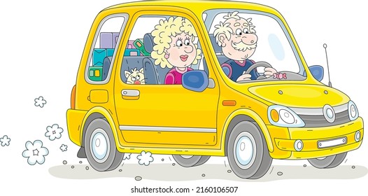 Happy Grandpa And Grandma With A Funny Cat And Boxes With Things In A Trunk Driving In Their Small Yellow Car, Vector Cartoon Illustration Isolated On A White Background