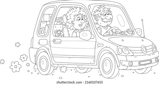 Happy Grandpa And Grandma With A Funny Cat And Boxes With Things In A Trunk Driving In Their Small Car, Black And White Outline Vector Cartoon Illustration For A Coloring Book Page