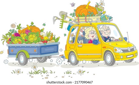 Happy Grandpa And Grandma With A Funny Cat, Grown Vegetables And Garden Instruments Returning From Their Summer Cottage In A Car With A Small Trailer, Vector Cartoon Illustration