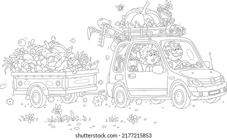 Happy Grandpa And Grandma With A Funny Cat, Grown Vegetables And Garden Instruments Returning From Their Summer Cottage In A Car With A Small Trailer, Vector Cartoon Illustration