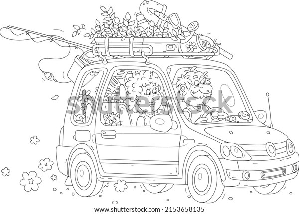 Happy grandpa\
and grandma with a funny cat, household things and seedlings\
driving in their car to the country on summer vacation, black and\
white vector cartoon\
illustration