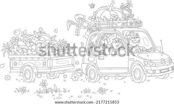 Happy grandpa\
and grandma with a funny cat, grown vegetables and garden\
instruments returning from their summer cottage in a car with a\
small trailer, vector cartoon\
illustration
