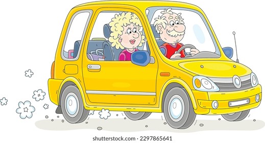 Happy grandpa and grandma riding in their yellow car, vector cartoon illustration isolated on a white background