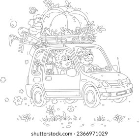 Happy Opa und Oma in einem kleinen gelben Auto mit einer lustigen Katze, gezüchtetem Gemüse und Garteninstrumenten, die nach Sommerferien von ihrem Ferienhaus nach Hause zurückkehren, Vektorcartoon