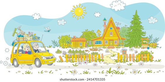 Happy grandpa and grandma in their small car driving up to a little house with a vegetable garden, a bathhouse, a draw-well and an wooden fence on a sunny day in countryside, vector cartoon