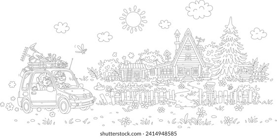 Happy grandpa and grandma in their small car driving up to a little house with a vegetable garden, a bathhouse, a draw-well and an wooden fence on a sunny day in countryside, vector cartoon