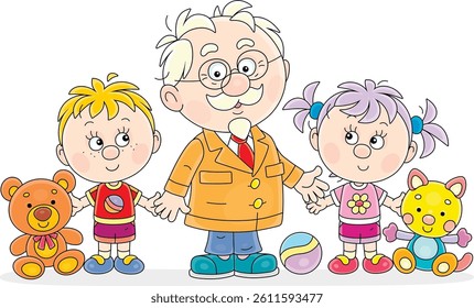 Happy grandpa and his little grandchildren with their toys going to walk in a park, vector cartoon illustration on a white background