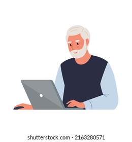 Happy grandpa with laptop. Freelance, online training, email checking, webinar. Concept of technology and old people. Flat vector illustration.