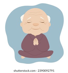 Happy grandpa practicing yoga. Old man doing meditation , open chakra and levitation on blue background  cartoon flat style character with purple clothes. Vector art illustration ,concept art modern .