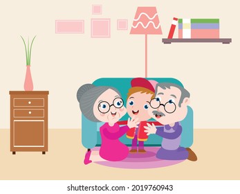 Happy grandparent cartoon character hugging their grandson in the living room at home isometric 3d vector concept for banner, website, illustration, landing page, flyer, etc.
