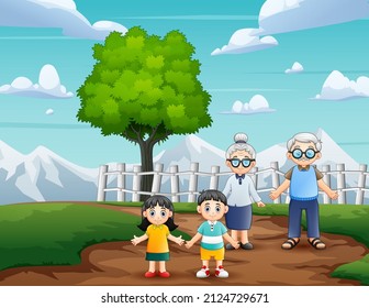 Happy Grandparent And Grandchild Walk Through The Dirt Road