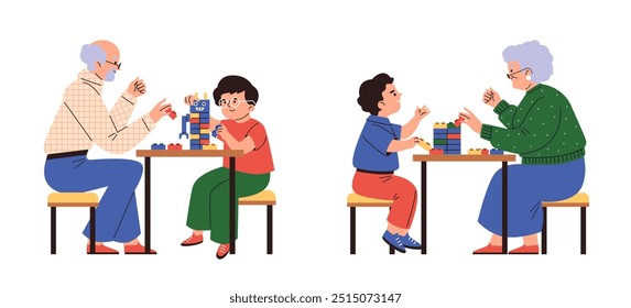 Los abuelos felices y el niño juegan con bloques de construcción de lego. La familia de dibujos animados se divierte construyendo una torre piramidal o un juguete robot con ladrillos. Educación y entretenimiento infantil. Ilustración vectorial