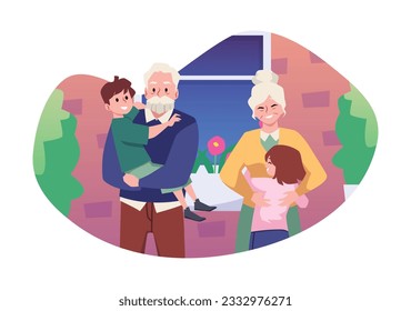 Happy grandparents and children flat style, vector illustration isolated on white background. Old man holding boy in arms, smiling elderly woman hugging girl, love and family, design element