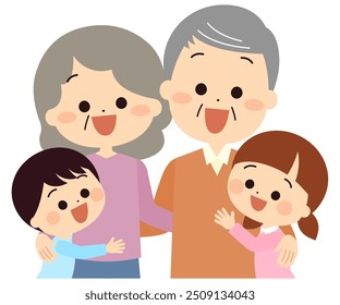 Happy grandparents and children hugging each other