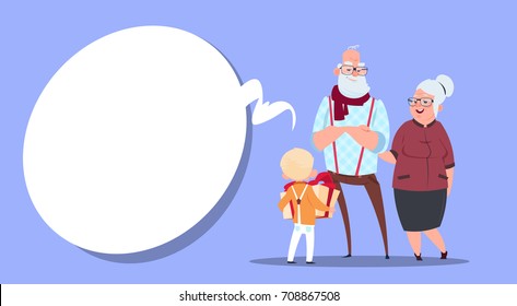 Happy Grandparents Couple With Grandson Giving Present Box Modern Grandfather And Grandmother And Small Boy Flat Vector Illustration