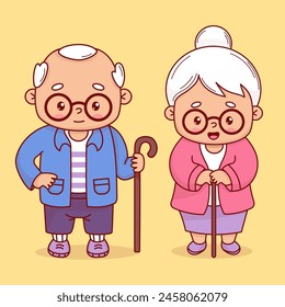 Happy grandparents. Cute elderly grandmother and gray-haired man with glasses with stick. Vector illustration. Isolated positive cartoon female and male character grandma lady and granddad