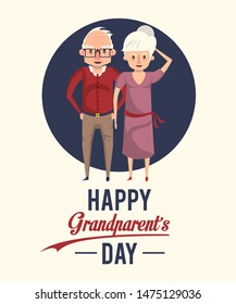 Happy grandparents day card with cute grandfather and grandmother couple cartoons vector illustration graphoc design.