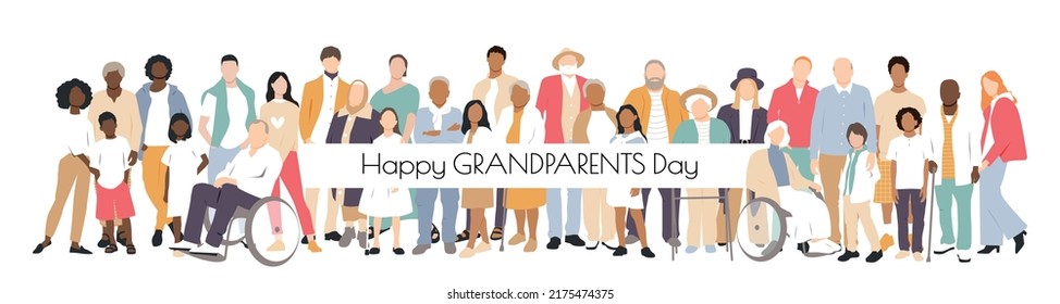 Happy Grandparents Day card. Multicultural group of families. Flat vector illustration.