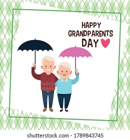happy grandparents day card with old couple lifting umbrellas vector illustration design