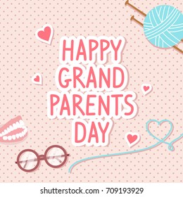 Happy Grandparents Day Card Vector illustration. Glasses, yarn ball and denture on pink polka dot pattern background.