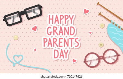 Happy Grandparents Day Card Vector illustration. Glasses and knitting on pink polka dot pattern background.