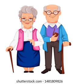 Happy Grandparents Day. Cheerful grandfather and grandmother cartoon characters. Vector illustration on white background