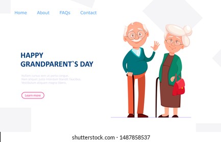 Happy Grandparents Day. Cheerful grandfather and grandmother cartoon characters. Usable for landing page, website etc. Vector illustration