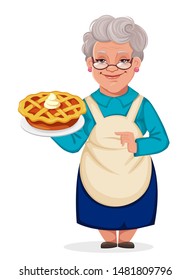 Happy Grandparents Day. Cheerful grandmother cartoon character holding a delicious pumpkin cake. Vector illustration.