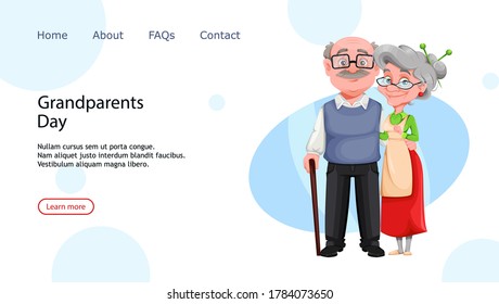 Happy Grandparents day. Cheerful grandmother and grandfather cartoon characters. Grandma and grandpa standing together. Vector illustration, usable for landing page, website etc.