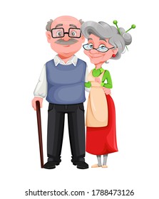 Happy Grandparents day. Cheerful grandmother and grandfather cartoon characters. Grandma and grandpa standing together. Vector illustration on white background