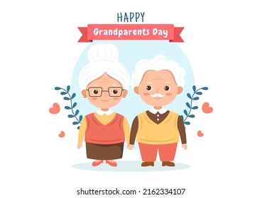 Happy Grandparents Day Cute Cartoon Illustration with Older Couple, Flower Decoration, Grandpa and Grandma in Flat Style for Poster or Greeting Card