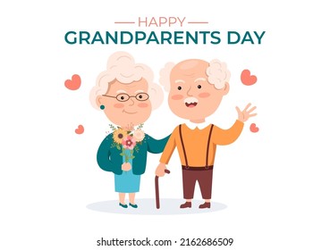 Happy Grandparents Day Cute Cartoon Illustration with Older Couple, Flower Decoration, Grandpa and Grandma in Flat Style for Poster or Greeting Card