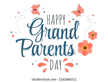 Happy Grandparents Day Cute Cartoon Illustration with Flower Decoration and Calligraphy in Flat Style for Poster or Greeting Card Background 