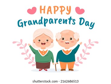 Happy Grandparents Day Cute Cartoon Illustration with Older Couple, Flower Decoration, Grandpa and Grandma in Flat Style for Poster or Greeting Card