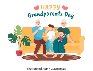 Happy Grandparents Day Cute Cartoon Illustration with Grandchild, Older Couple, Flower Decoration, Grandpa and Grandma in Flat Style for Poster or Greeting Card