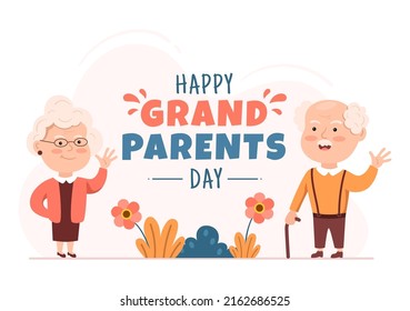 Happy Grandparents Day Cute Cartoon Illustration with Older Couple, Flower Decoration, Grandpa and Grandma in Flat Style for Poster or Greeting Card