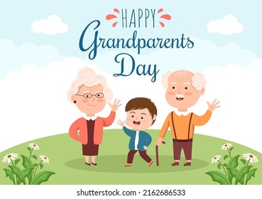 Happy Grandparents Day Cute Cartoon Illustration With Grandchild, Older Couple, Flower Decoration, Grandpa And Grandma In Flat Style For Poster Or Greeting Card