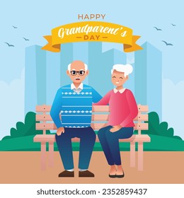 Happy Grandparents Day Cute Cartoon Illustration with Grandchild, Older Couple, Flower Decoration, Grandpa and Grandma in Flat Style for Poster or Greeting Card