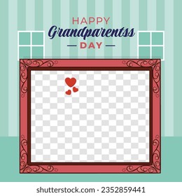 Happy Grandparents Day Cute Cartoon Illustration with Grandchild, Older Couple, Flower Decoration, Grandpa and Grandma in Flat Style for Poster or Greeting Card