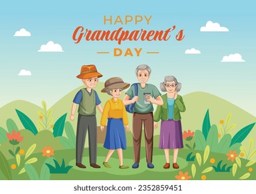 Feliz Día de los Abuelos Ilustración de dibujos animados con nietos, parejas mayores, decoración de flores, abuelo y abuela en estilo plano para afiches o tarjetas de felicitación